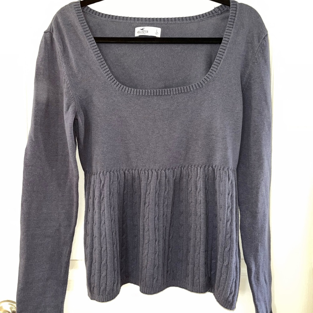 Hollister Blue Gray Square Knit Peplum Style Sweater Large
